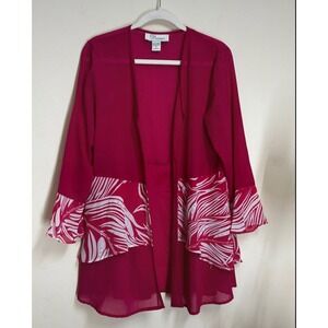 EY Boutique Cardigan Women L Pink Palm Print Rhinestone Open Front Chiffon Layer